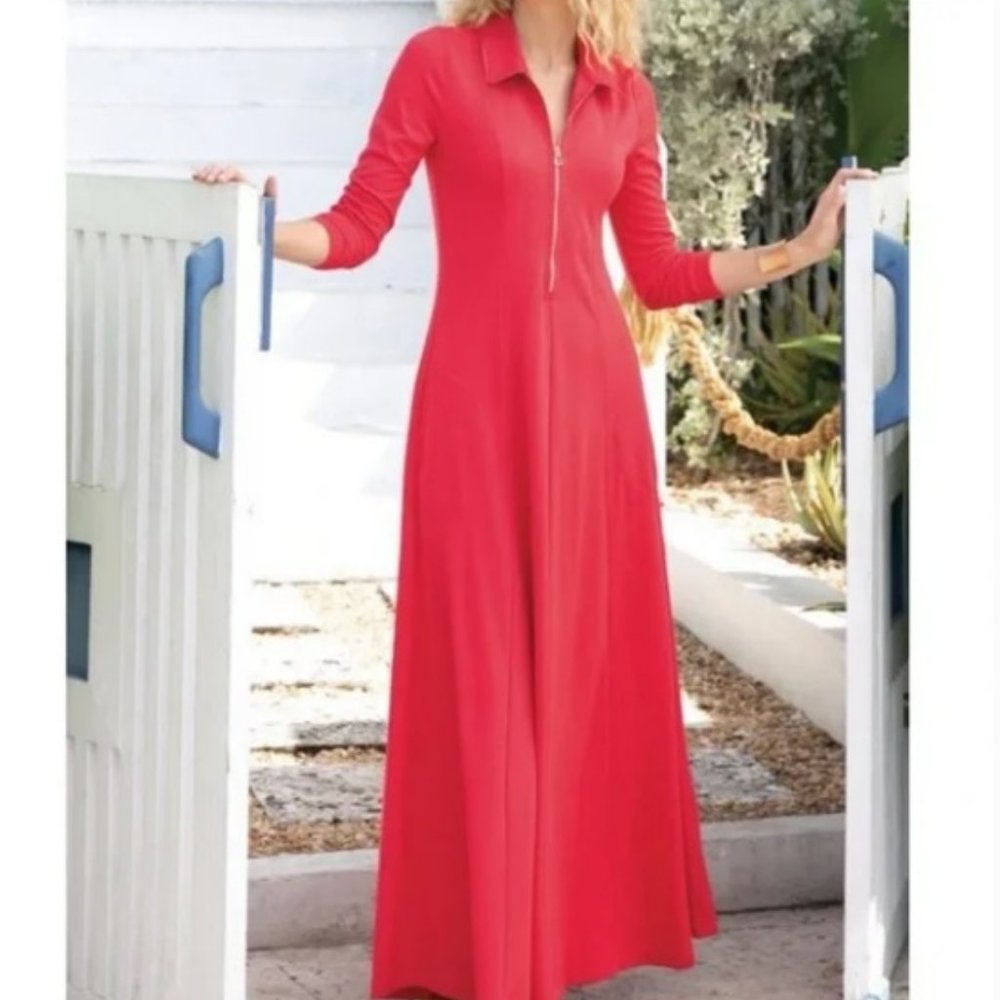 Soft Surroundings Swingtime Maxi Dress Coral Long Sleeve Pockets PL